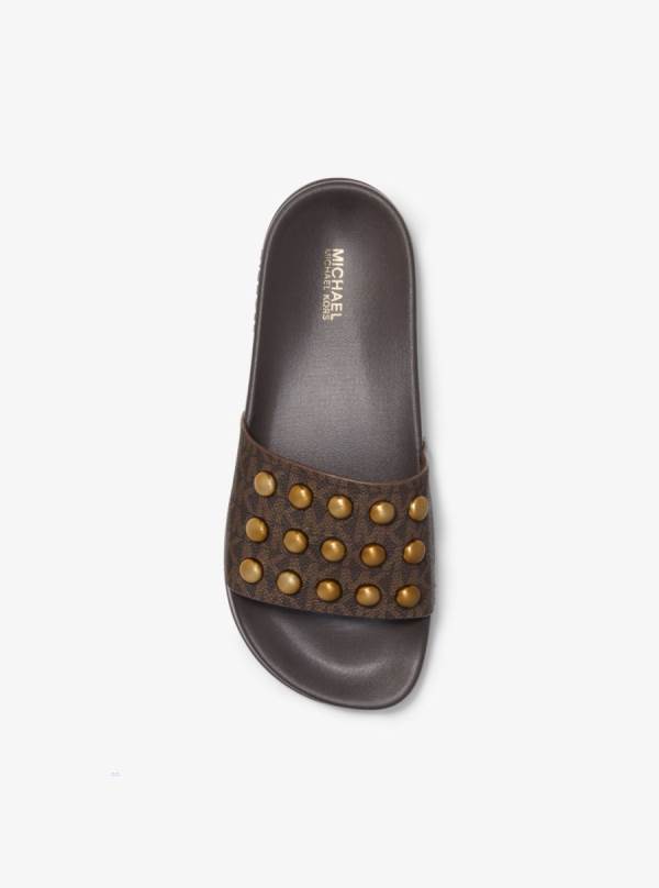 Damske Slapky Michael Kors Gilmore Studded Logo Hnede - Topanky Michael Kors Sleva | SDQWR-2095